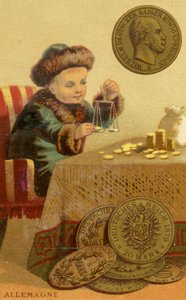 Jovem banqueiro alemão que pesava os marcos alemães, de uma série de cartões promocionais sobre moedas em diferentes países, publicado em Paris pela Baster & Vieillemard para uso da produtora de chocolates, a Chocol