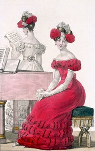 Mulher jovem, em, um, crepe, vestido noite, com, um, Elaborate, headdress, anúncio, em, modos, de, paris, c.1825 de French School