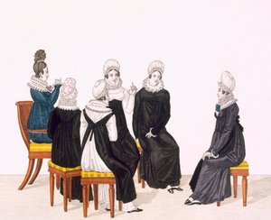 Mulheres jovens conversando, c. 1820 (gravura a cores) de French School