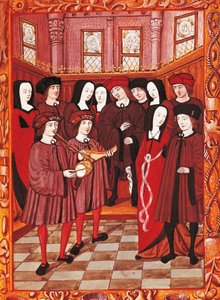 Jovem casal ouvindo músicos, imagem de um manuscrito francês de French School