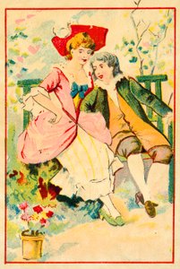 Jovem casal em um banco de jardim (chromolitho) de French School