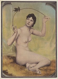 Jovem mulher nua com pássaros (lito colorido) de French School
