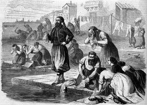 Zouaves do exército francês a lavar a roupa. Itália, Risorgimento de 1859. Gravura em "Le Monde Illustré" n°122 de 13 de Agosto de 1859. de French School