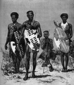 Guerreiros Zulu. Gravura em "O Mundo Ilustrado" n°1146 de 15 de março de 1879. de French School