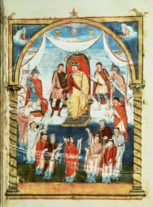 ds Lat 1 fol.423r Rei Charles II Recebendo uma Bíblia do conde Vivian e dos monges de Saint-Martin de Tours, da Primeira Bíblia de Carlos, o Calvo, c.843-51 de French School