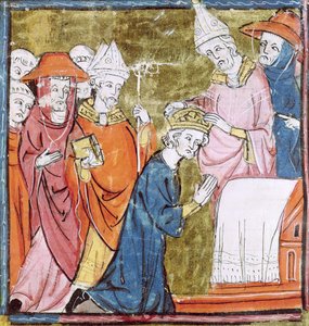 f.106r A coroação do imperador Carlos Magno (742-814) pelo papa Leão III (c.750-816) em St. Peters, Roma em 800, Grandes Chroniques de France, 1375-79 de French School