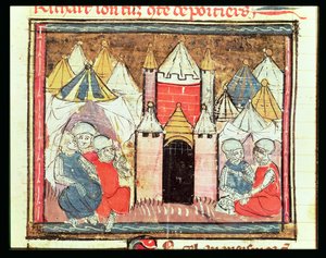 O cerco de Château-Gaillard em 1204, quando Filipe Augusto da França (1165-1223) derrotou o rei João (Lackland) da Inglaterra (1199-1216), das Grandes Chroniques de France, 1375-1779. de French School