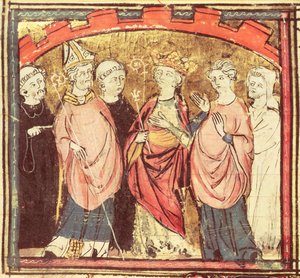 f.73r Dagobert I (605-39), rei dos francos que recebe o Reino da França, das Grandes Chroniques de France, 1375-79 de French School