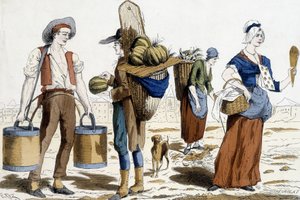 ilustração dos trajes de Paris no século XVIII: carregador de água, comerciante de melões, chiffonnier, comerciante de prazeres. de French School