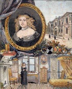 retrato de Marie de Rabutin-Chantal (Rabutin Chantal), Marquesa de Sevigne conhecida como Madame de Sevigne (1626-1696) e sua residência Hotel Carnavalet. de French School