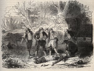 o caso do correio de Lyon - Affaire du courrier de Lyon - la malle-poste est atacada em Seine et Marne por 5 indivíduos em 28 de Abril de 1796 - Gravação em "Causes celebres de tous les peuples" por Armand Fouquier (1817-18?) 1858-1867 - coleção particular de French School