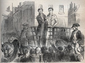 o caso do correio de Lyon - Affaire du courrier de Lyon: Joseph Lesurques e Couriol vão à guilhotina a 3 de Outubro de 1796 - Gravação em "Causes celebres de tous les peuples" de Armand Fouquier (1817-18?) 1858-1867 - colecção privada de French School