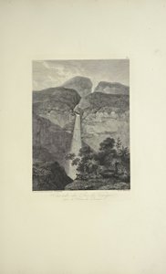 Quedas do Rio de Vinagre, perto do Vulcão do Purace, desenhadas por Koch, gravadas por Arnold, ilustração de 