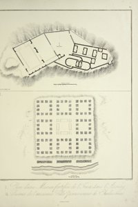 Plano de uma residência inca fortificada em Assuay; e Ruínas da Antiga Cidade Peruana de Chulucanas, gravada por Bouquet, ilustração de &39;Vistas das Cordilheiras e Monumentos dos Povos Indígenas da América&39;, de Alexander von Humboldt e Aime Bonpland
