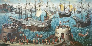 Embarque de Henrique VIII (1491-1547) a bordo do Henry Grace a Dieu em 1520, copiado de uma pintura de Vincent Volpi