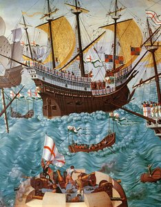 Embarque de Henrique VIII 1491-1547 a bordo do Henry Grace a Dieu em 1520, copiado de uma pintura de Vincent Volpi com detalhes em tela de 148771