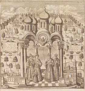 Feodor III, Pedro I, Ivan V e Patriarca Adrian I. Da Rússia Passada..., de Friedrich Christian Weber