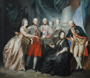 A arquiduquesa Marie Christine e o duque Albert da Saxônia Teschen apresentam à família fotos de seus parentes na Itália