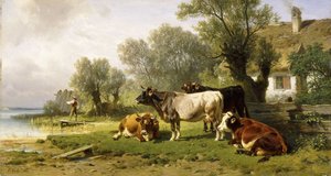 Gado em um pátio ao longo de um rio com um pescador além, 1881