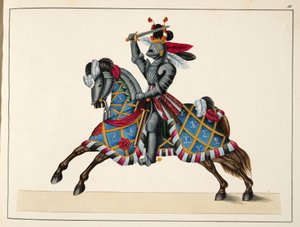 Um cavaleiro em um torneio, prato de "Uma História do Desenvolvimento e Costumes de Cavalaria", do Dr. Franz Kottenkamp, publicado por Carl Hoffmann, 1842