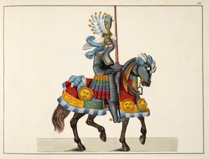 Um cavaleiro a caminho de um torneio, prato de "A History of the Development and Customs of Chivalry", do Dr. Franz Kottenkamp, publicado por Carl Hoffmann, 1842 de Friedrich Martin von Reibisch