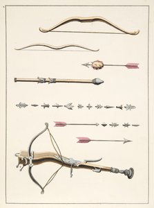 Arcos e flechas do século XIV-XV, placa de &39;Uma História do Desenvolvimento e Costumes de Cavalaria&39;, do Dr. Franz Kottenkamp, publicado por Carl Hoffmann, 1842 de Friedrich Martin von Reibisch