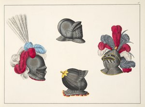 Capacetes, placa de &39;Uma História do Desenvolvimento e Costumes de Cavalaria&39;, do Dr. Franz Kottenkamp, publicado por Carl Hoffmann, 1842 de Friedrich Martin von Reibisch