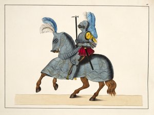 Cavaleiro e cavalo em armadura, placa de &39;Uma História do Desenvolvimento e Costumes de Cavalaria&39;, do Dr. Franz Kottenkamp, publicado por Carl Hoffmann, 1842