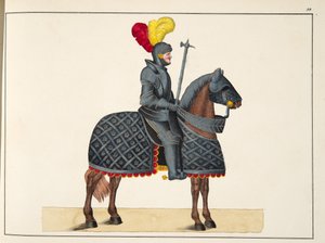 Cavaleiro de armadura a cavalo, prato de "Uma História do Desenvolvimento e Costumes de Cavalaria", do Dr. Franz Kottenkamp, publicado por Carl Hoffmann, 1842