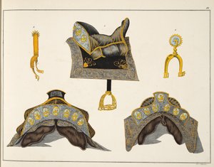 Selas e esporas, placa de &39;Uma História do Desenvolvimento e Costumes de Cavalaria&39;, do Dr. Franz Kottenkamp, publicado por Carl Hoffmann, 1842 de Friedrich Martin von Reibisch
