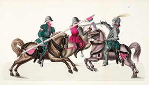 Três cavaleiros em um torneio, prato de &39;Uma História do Desenvolvimento e Costumes de Cavalaria&39;, do Dr. Franz Kottenkamp, publicado por Carl Hoffmann, 1842 de Friedrich Martin von Reibisch