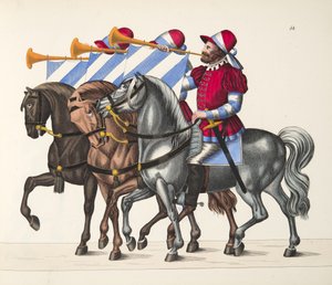 Três músicos em um torneio, placa de A História do Desenvolvimento e Costumes de Cavalaria, pelo Dr. Franz Kottenkamp, publicado por Carl Hoffmann, 1842 de Friedrich Martin von Reibisch