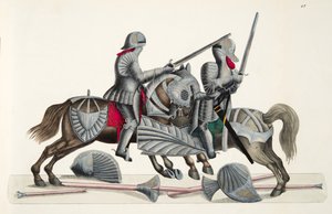 Dois cavaleiros em um torneio, placa de "Uma História do Desenvolvimento e Costumes de Cavalaria", do Dr. Franz Kottenkamp, publicado por Carl Hoffmann, 1842