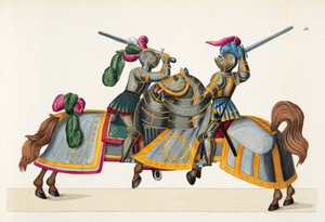 Dois cavaleiros em um torneio, placa de "Uma História do Desenvolvimento e Costumes de Cavalaria", do Dr. Franz Kottenkamp, publicado por Carl Hoffmann, 1842 de Friedrich Martin von Reibisch