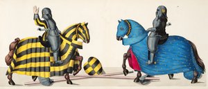 Dois cavaleiros em um torneio, placa de "Uma História do Desenvolvimento e Costumes de Cavalaria", do Dr. Franz Kottenkamp, publicado por Carl Hoffmann, 1842 de Friedrich Martin von Reibisch