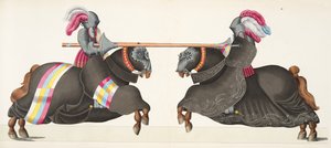 Dois cavaleiros em um torneio, placa de "Uma História do Desenvolvimento e Costumes de Cavalaria", do Dr. Franz Kottenkamp, publicado por Carl Hoffmann, 1842 de Friedrich Martin von Reibisch