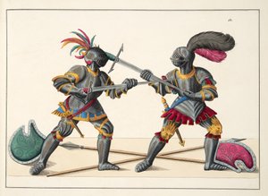 Dois cavaleiros lutando, prato de &39;Uma História do Desenvolvimento e Costumes de Cavalaria&39;, do Dr. Franz Kottenkamp, publicado por Carl Hoffmann, 1842