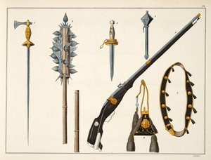 Armas incluindo um mosquete, c.1400, placa de &39;Uma História do Desenvolvimento e Costumes de Cavalaria&39;, do Dr. Franz Kottenkamp, publicado por Carl Hoffmann, 1842