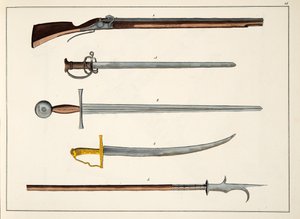Armas incluindo espadas e lanças, c.1400, placa de A History of the Development and Customs of Chivalry, do Dr. Franz Kottenkamp, publicado por Carl Hoffmann, 1842