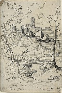 Cidade italiana com rio (frente); vista de uma cidade (verso) de Friedrich Nerly