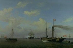 A esquadra dinamarquesa ancorada em Warnemünde rhed. Suas Altezas Reais o Príncipe Herdeiro e a Princesa Herdeira chegam no navio a vapor "Kiel" para o esquadrão, e o navio de guerra "Christian the Eighth" começa a saudar de Friedrich Theodore Kloss