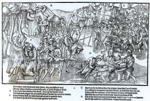 O chefe irlandês recebe a bênção do padre antes de partir para lutar contra os ingleses, que são mostrados com armadura completa, placa 4 de "The Image of Ireland", de John Derricke, 1581 de Friedrich van Hulsen