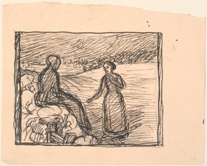 Na neve estava sentada uma mulher com roupas pretas compridas... de Fritz Syberg