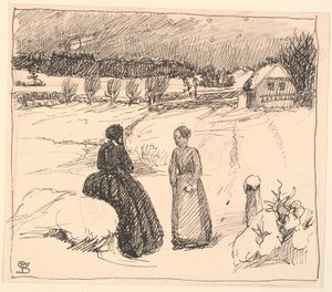 Na neve estava sentada uma mulher com roupas pretas compridas... de Fritz Syberg