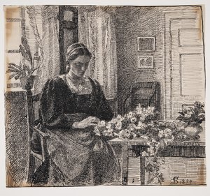 Minha esposa (Sra. Anna Syberg) amarra a coroa de Fritz Syberg