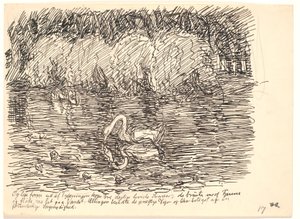 E logo à frente do mato vieram três adoráveis ​​cisnes brancos... de Fritz Syberg