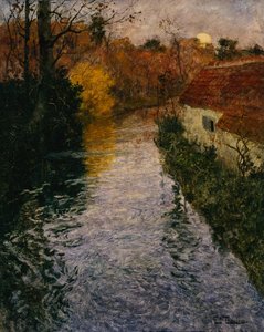 Uma paisagem fluvial com uma casa de campo no outono (óleo sobre tela)