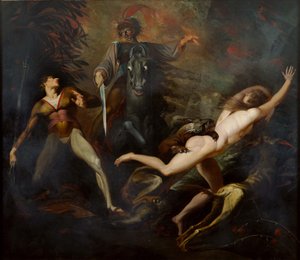 Theodore encontra na floresta o espectro de seu antepassado Guido Cavalcanti, ca. 1783 de Füssli