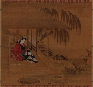 Jardim, interior e menina sentada, período Edo, 1615-1868. de Furuyama Moroshige