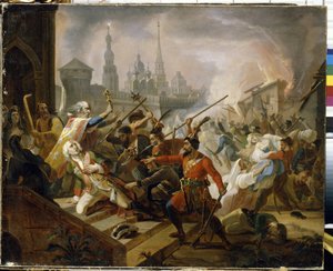 Guerra dos Camponeses Russos de 1773-1775 (Yaik Cossack Jacquerie): a Batalha de Kazan em Julho de 1774, cena da revolta de Emelian Ivanovich Pugachev (Iemelian ou Emilian Pugachov) (1742-1775). (A Batalha de Pugachev de Kazan em Julho de 1774. de Fyodor Antonovich Molier